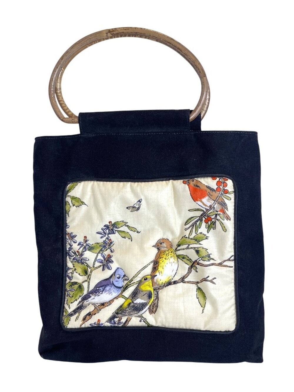Tote Bag Quilted Fabric Purse Bird Berry Lined Black Round Handle Pocket Handbag
